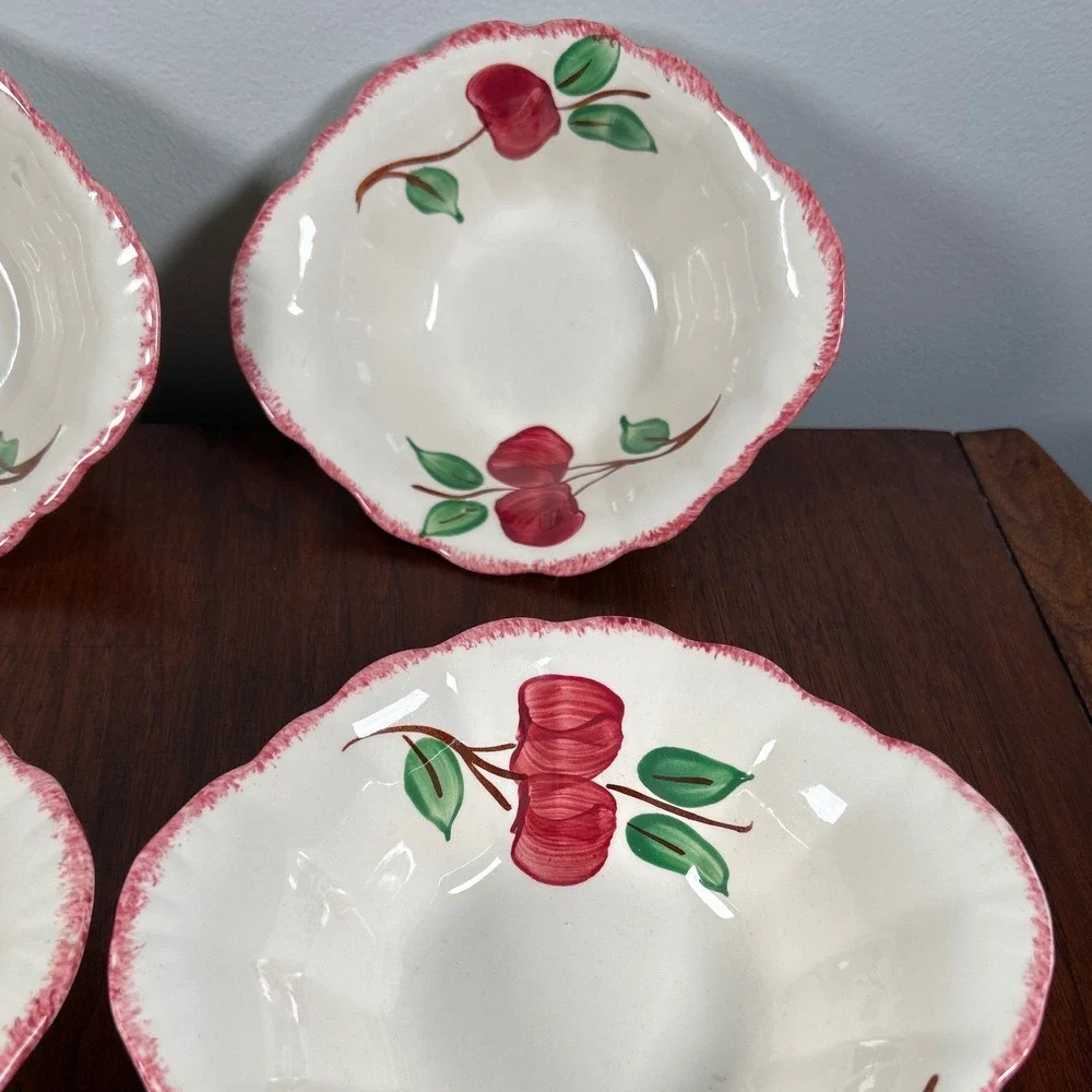 Blue Ridge Southern Potteries Red Apple Scalloped Bowls Hand Painted Set of 4